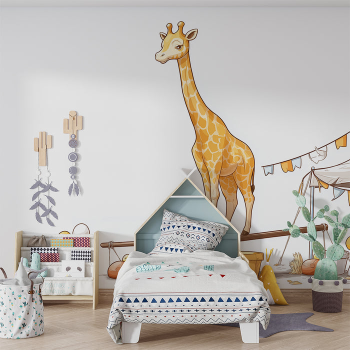 Papel pintado infantil | Jirafa equilibrista bajo una carpa de circo