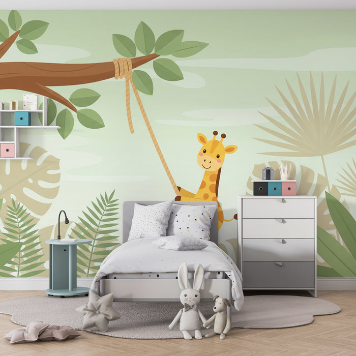 Papier peint chambre enfant | Girafe espiègle dans la jungle