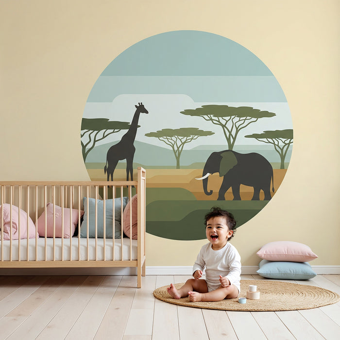 Tapety dla dzieci | Żyrafa i słoń w stylizowanym afrykańskim krajobrazie