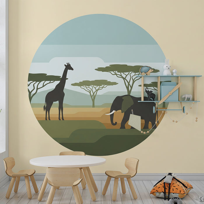 Tapety dla dzieci | Żyrafa i słoń w stylizowanym afrykańskim krajobrazie