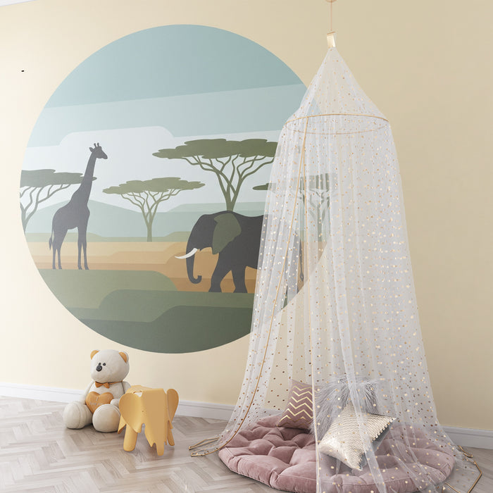 Tapety dla dzieci | Żyrafa i słoń w stylizowanym afrykańskim krajobrazie