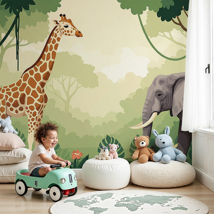 Papier peint chambre enfant | Girafe et éléphant dans une jungle luxuriante