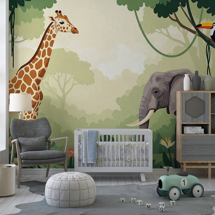 Papier peint chambre enfant | Girafe et éléphant dans une jungle luxuriante