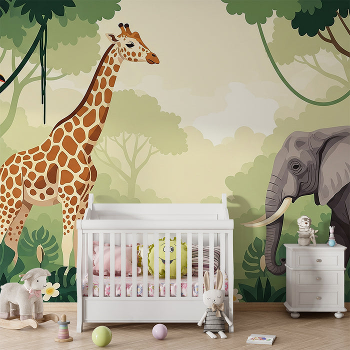 Papier peint chambre enfant | Girafe et éléphant dans une jungle luxuriante