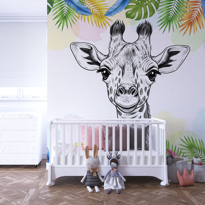 Carta da parati bambini | Giraffa e foglie esotiche