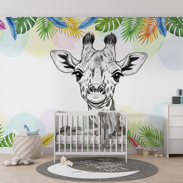 Carta da parati bambini | Giraffa e foglie esotiche