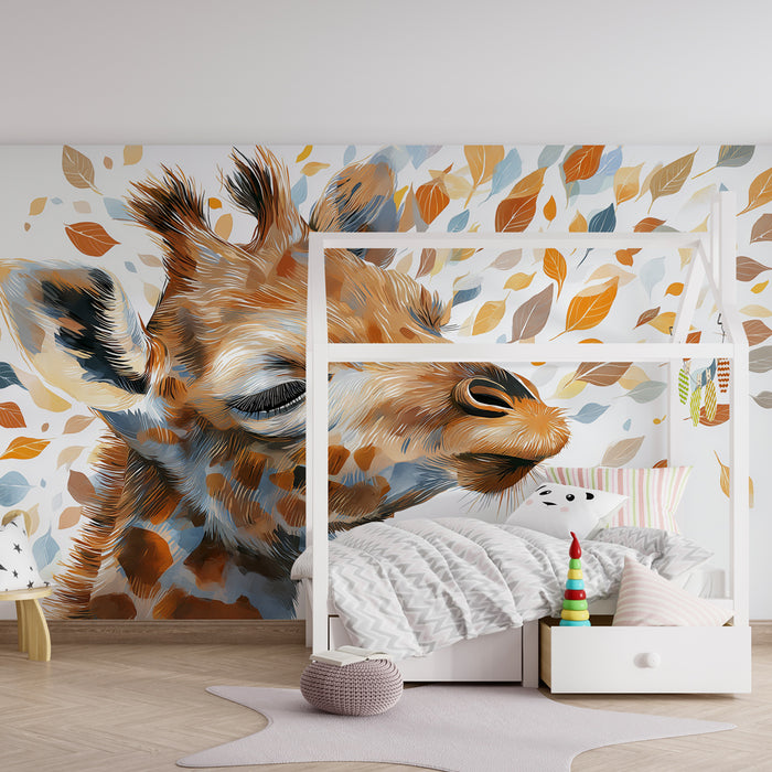 Papier peint chambre enfant | Girafe et feuilles colorées