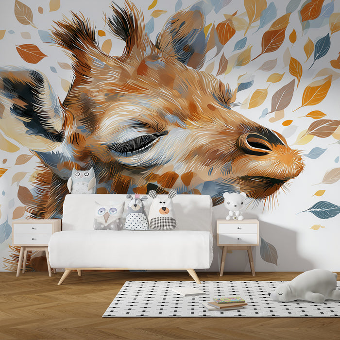 Papier peint chambre enfant | Girafe et feuilles colorées