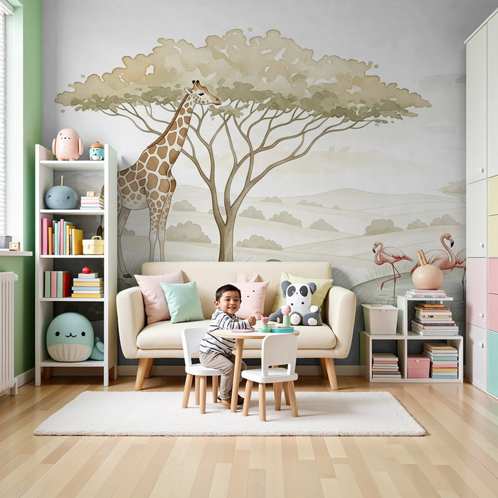 Detská izba tapéta | Žirafa a plameniaky na savane