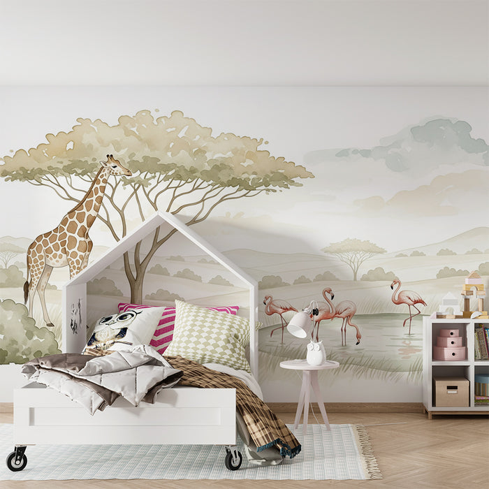 Detská izba tapéta | Žirafa a plameniaky na savane