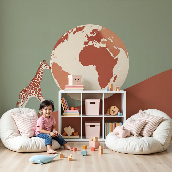 Papier peint chambre enfant | Girafe et globe terrestre sur fond doux