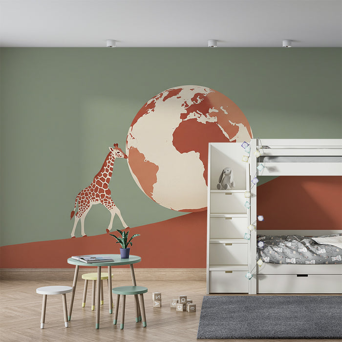 Papier peint chambre enfant | Girafe et globe terrestre sur fond doux