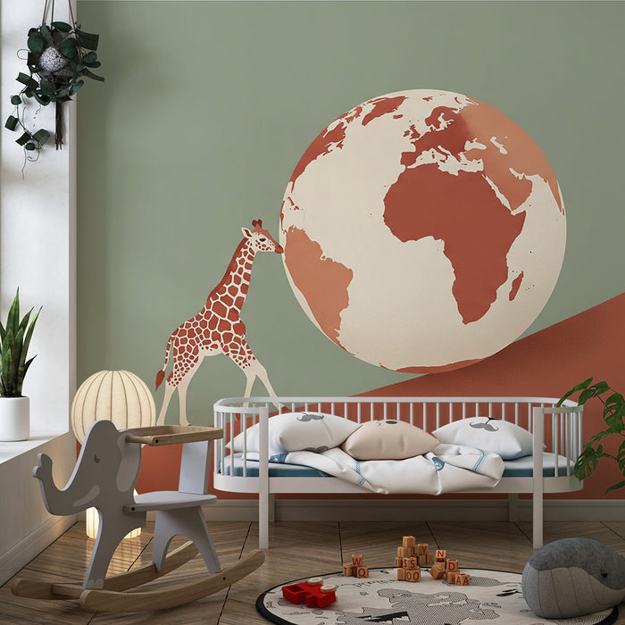 Papier peint chambre enfant | Girafe et globe terrestre sur fond doux