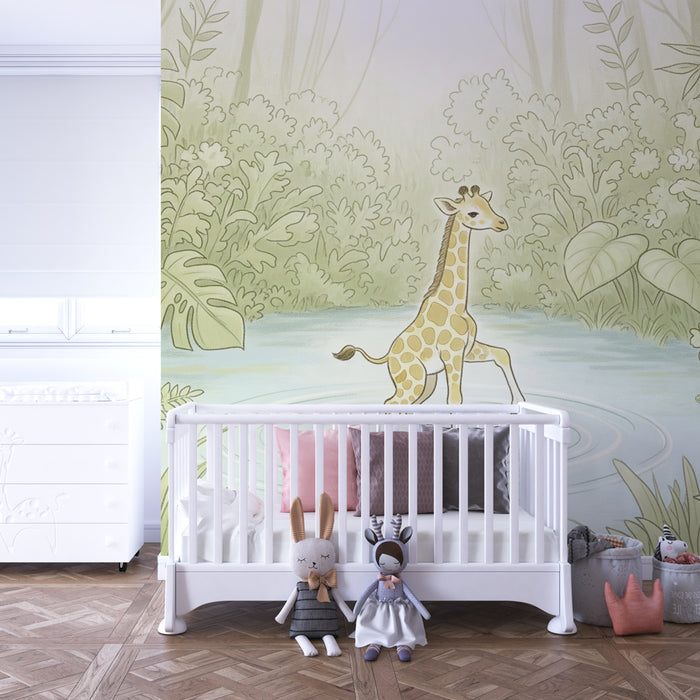 Papier peint chambre enfant | Girafe et jardin tropical