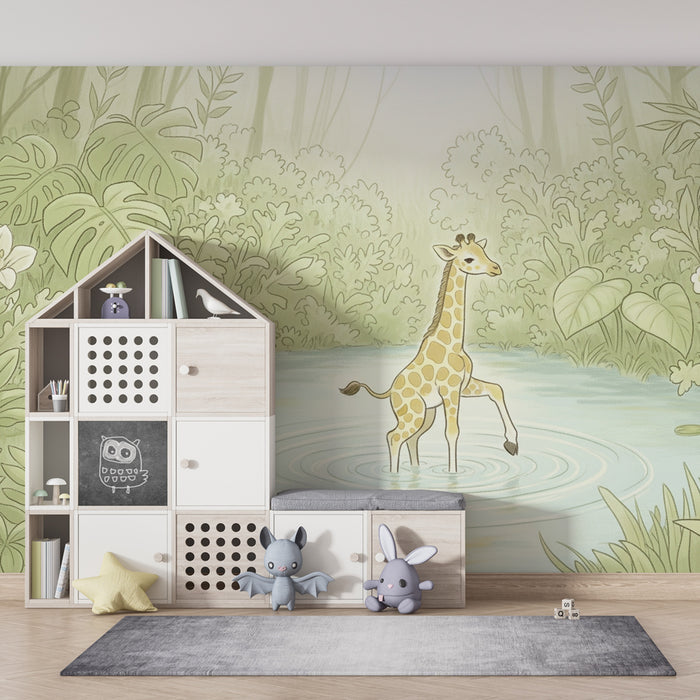Papier peint chambre enfant | Girafe et jardin tropical