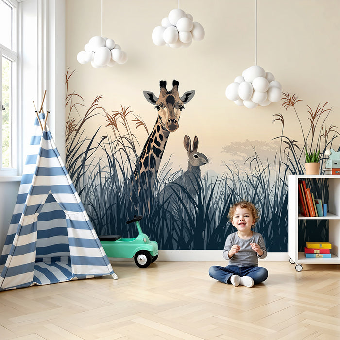 Kinderkamer behang | Giraffe en konijn in de savanne