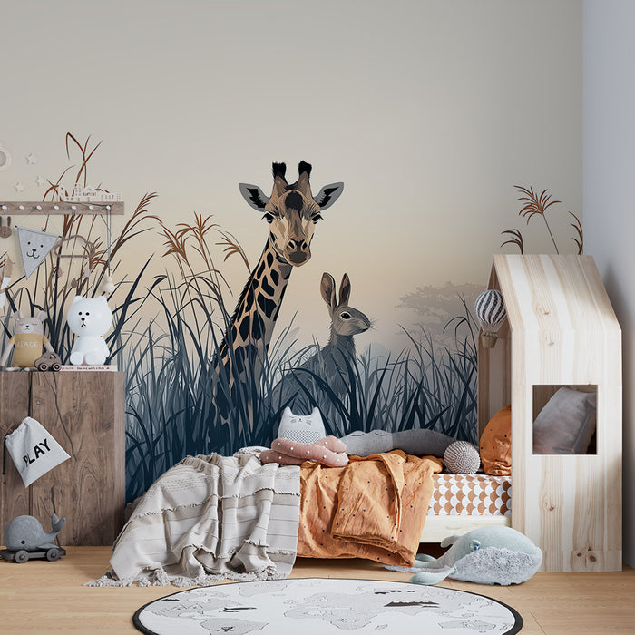 Kinderkamer behang | Giraffe en konijn in de savanne