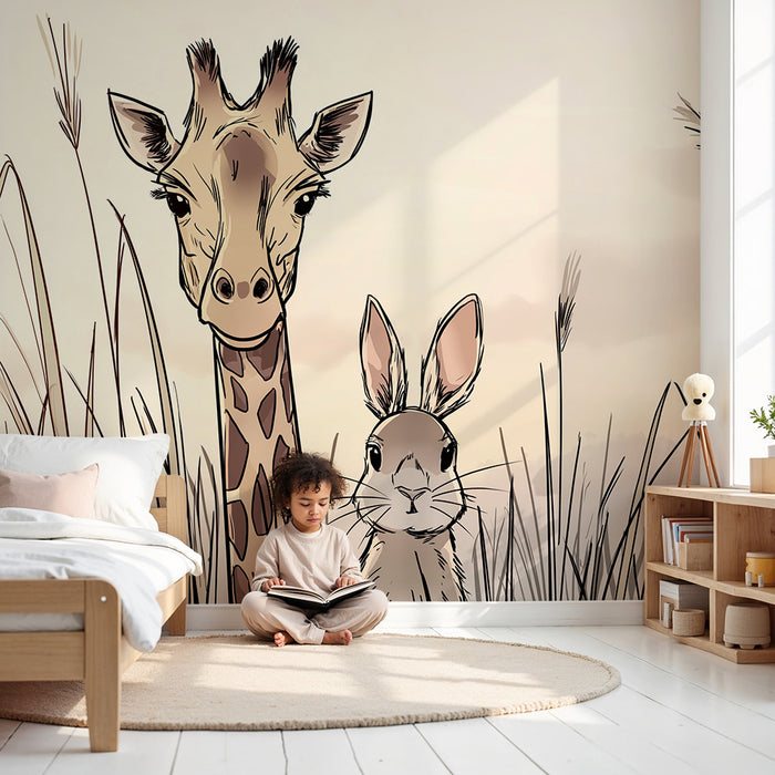 Carta da parati bambini | Giraffa e coniglio in un paesaggio dolce