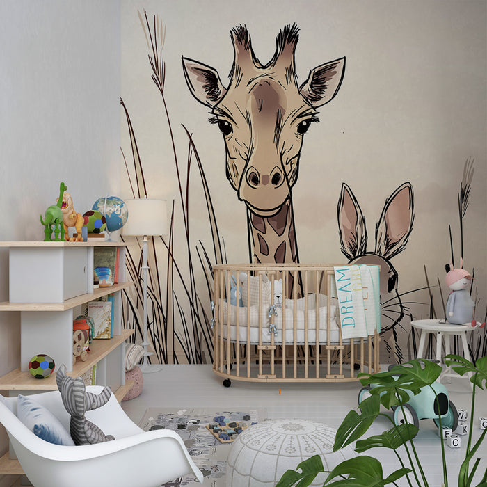 Carta da parati bambini | Giraffa e coniglio in un paesaggio dolce