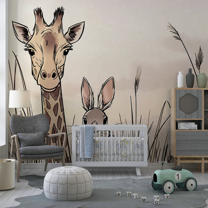 Carta da parati bambini | Giraffa e coniglio in un paesaggio dolce