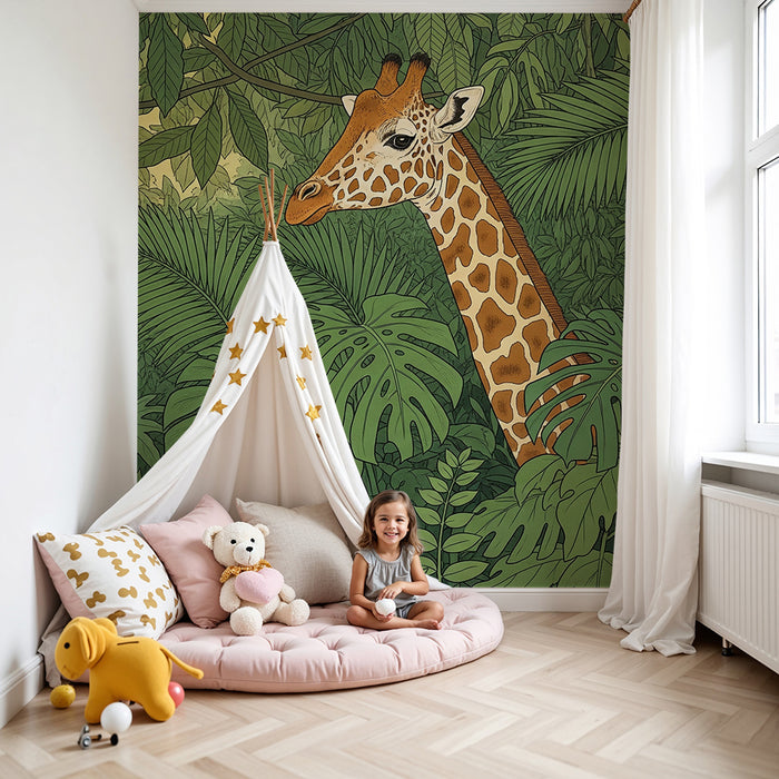 Barntapet | Giraff och leopard i en frodig djungel
