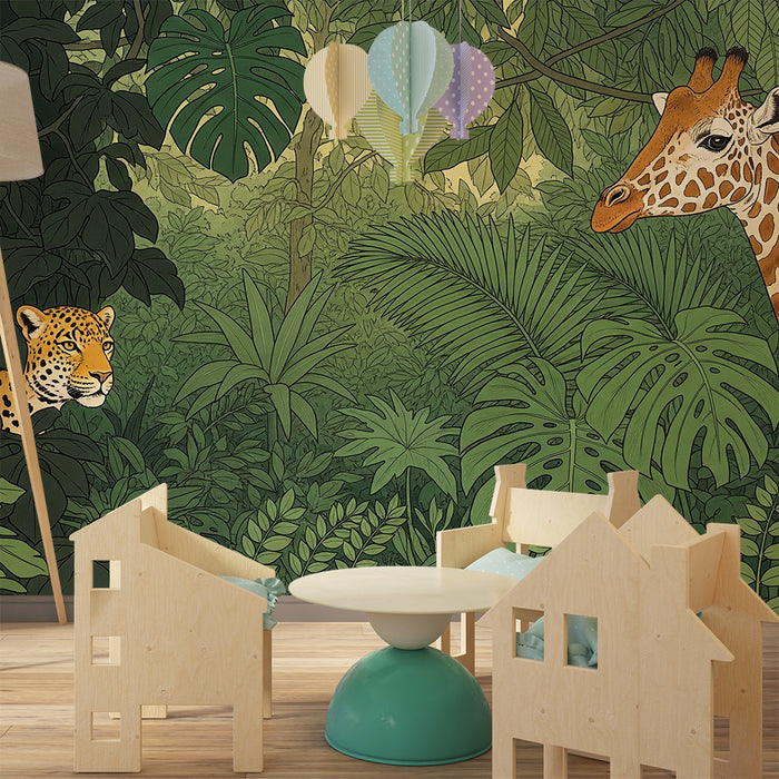 Barntapet | Giraff och leopard i en frodig djungel