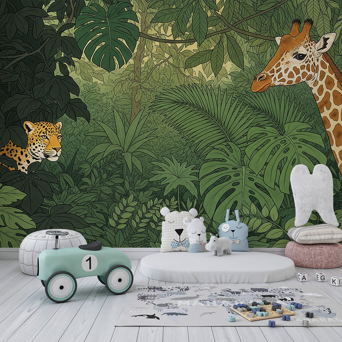 Barntapet | Giraff och leopard i en frodig djungel