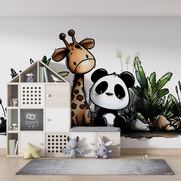 Sliko za otroško sobo | Žirafa in panda sredi džungle