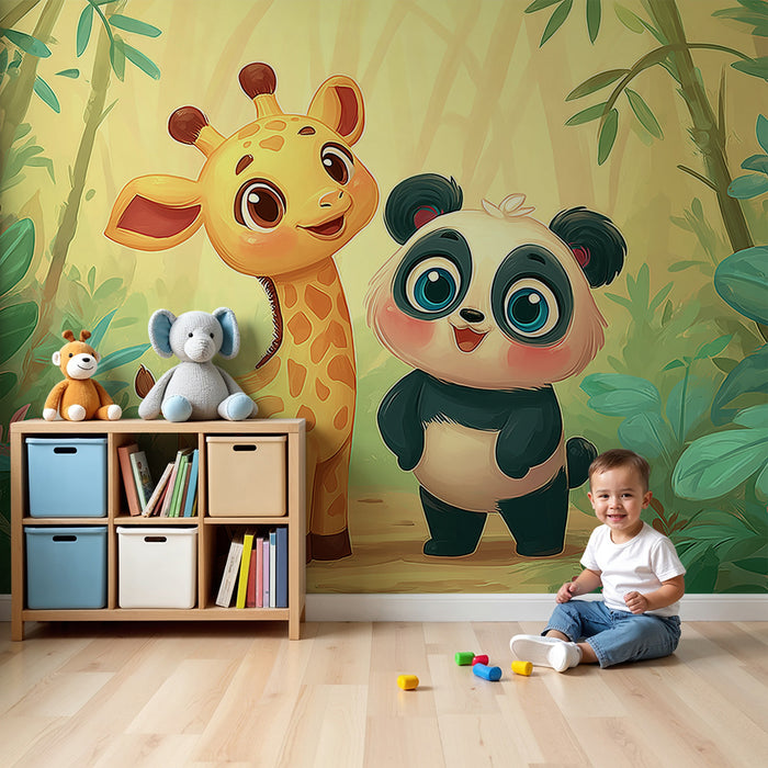 Giraff és panda egy varázslatos dzsungelben gyermekszoba tapéta