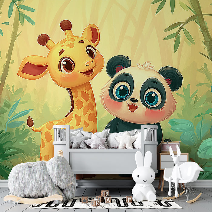 Giraff és panda egy varázslatos dzsungelben gyermekszoba tapéta