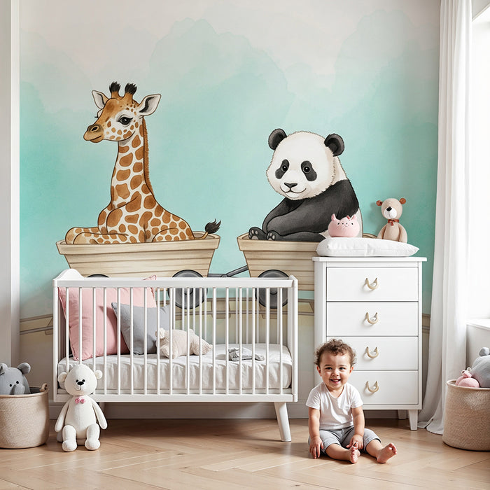 Papel de parede criança | Girafa e panda em aventura