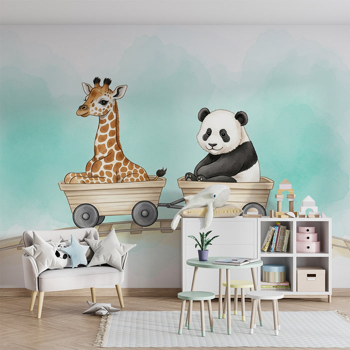 Papel de parede criança | Girafa e panda em aventura