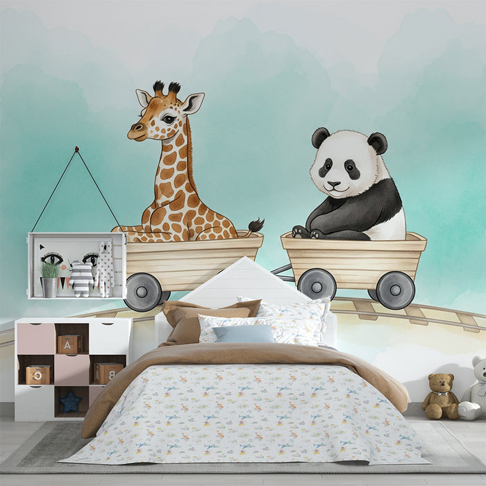 Papel de parede criança | Girafa e panda em aventura