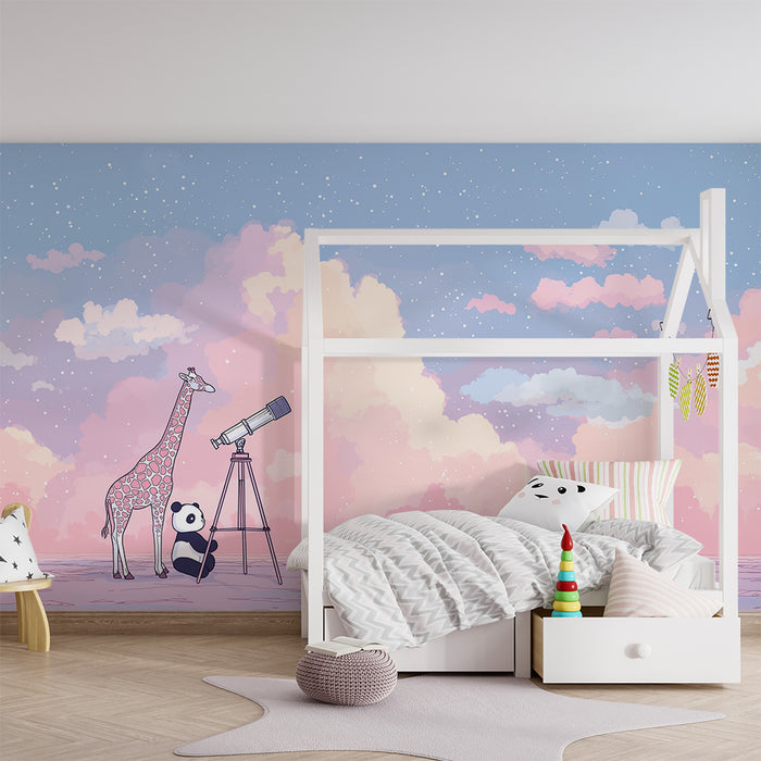 Papel de parede criança | Girafa e panda sob um céu estrelado