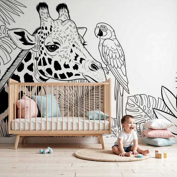 Kinderzimmer Tapete | Giraffe und Papagei im stilisierten Dschungel