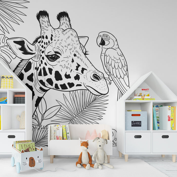 Kinderzimmer Tapete | Giraffe und Papagei im stilisierten Dschungel