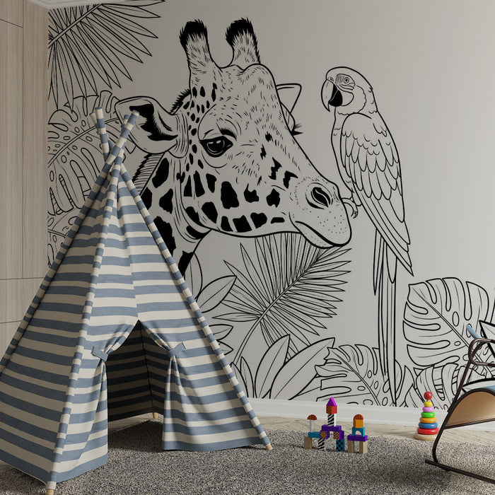 Kinderzimmer Tapete | Giraffe und Papagei im stilisierten Dschungel