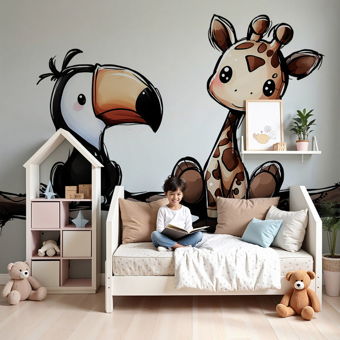 Barnrumspapper | Lekfull giraff och tukan på en gren