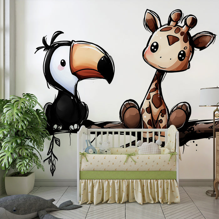 Barnrumspapper | Lekfull giraff och tukan på en gren