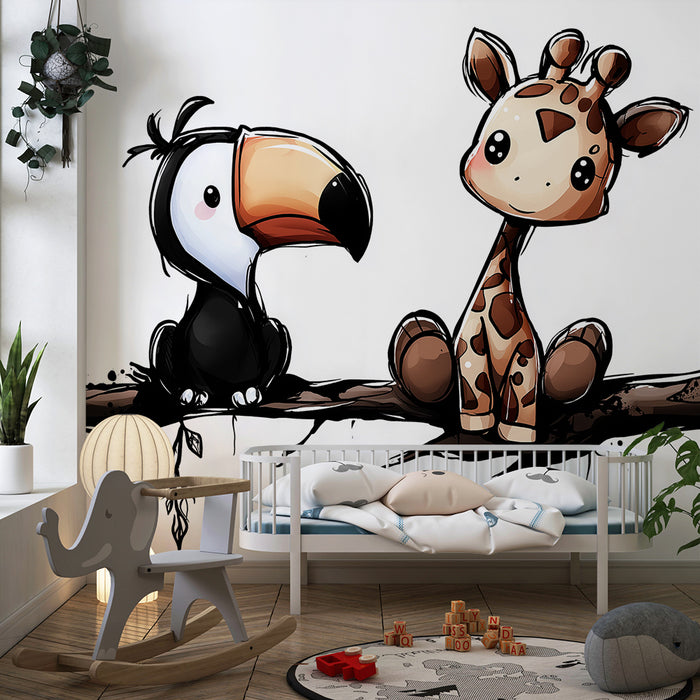 Barnrumspapper | Lekfull giraff och tukan på en gren