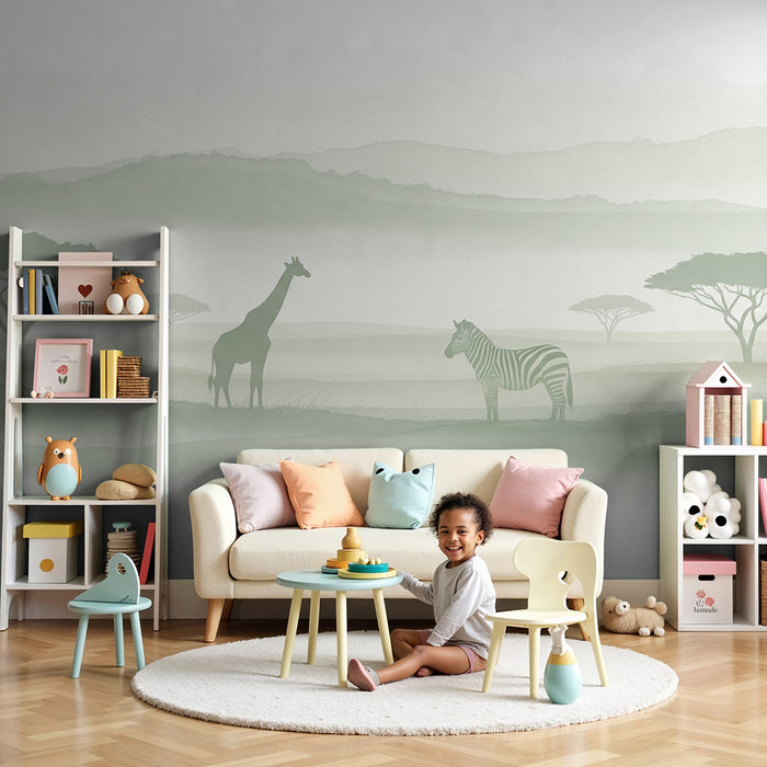 Papier peint chambre enfant | Girafe et zèbre dans la savane