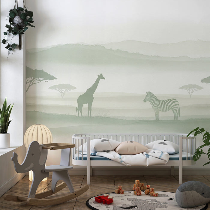 Papier peint chambre enfant | Girafe et zèbre dans la savane