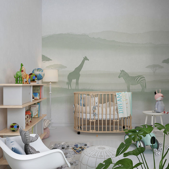 Papier peint chambre enfant | Girafe et zèbre dans la savane