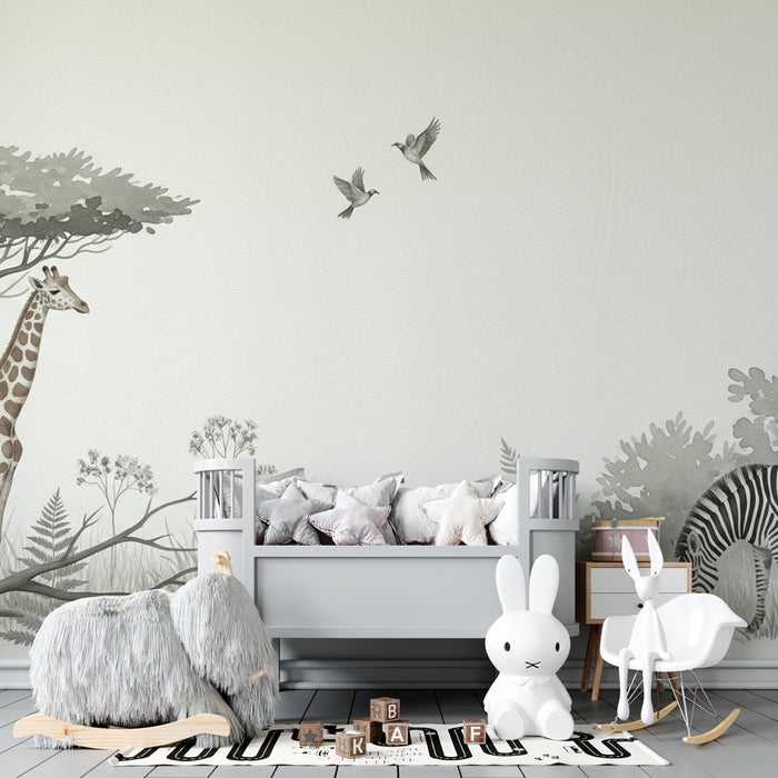 Detská izba tapeta | Žirafa a zebra v savane