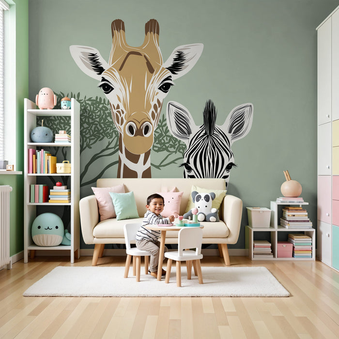 Papel de parede criança | Girafa e zebra na savana fundo verde sálvia