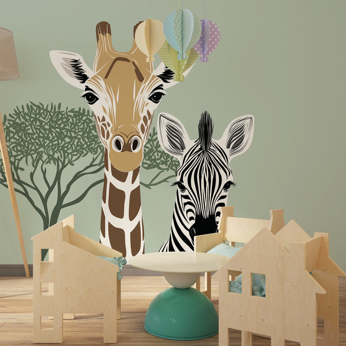Papel de parede criança | Girafa e zebra na savana fundo verde sálvia