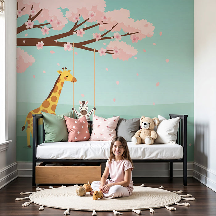 Kinderzimmer Tapete | Giraffe und Zebra unter einer blühenden Kirschblüte