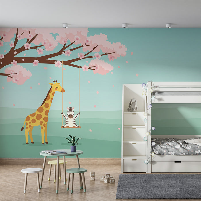 Kinderzimmer Tapete | Giraffe und Zebra unter einer blühenden Kirschblüte
