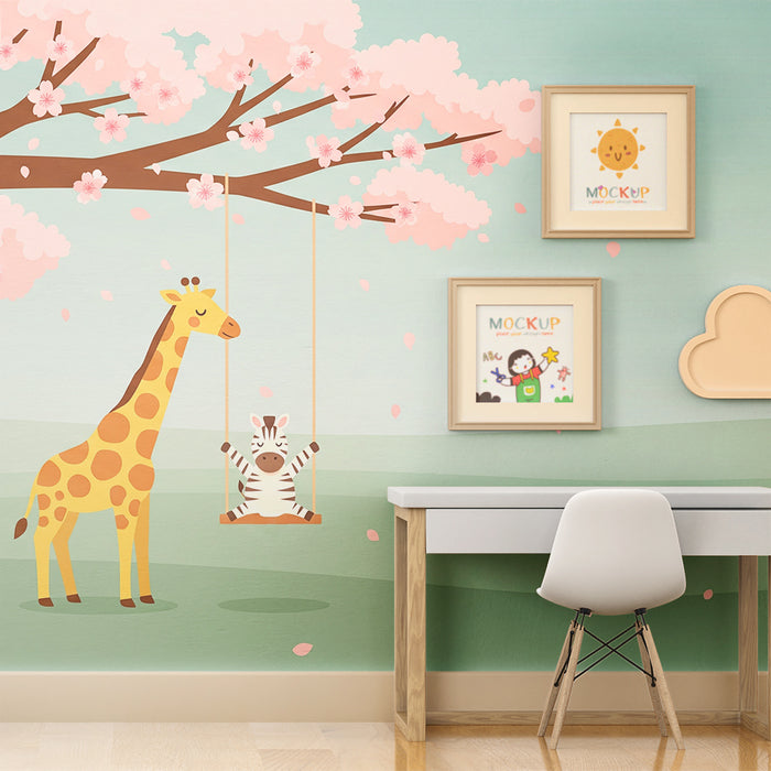 Kinderzimmer Tapete | Giraffe und Zebra unter einer blühenden Kirschblüte