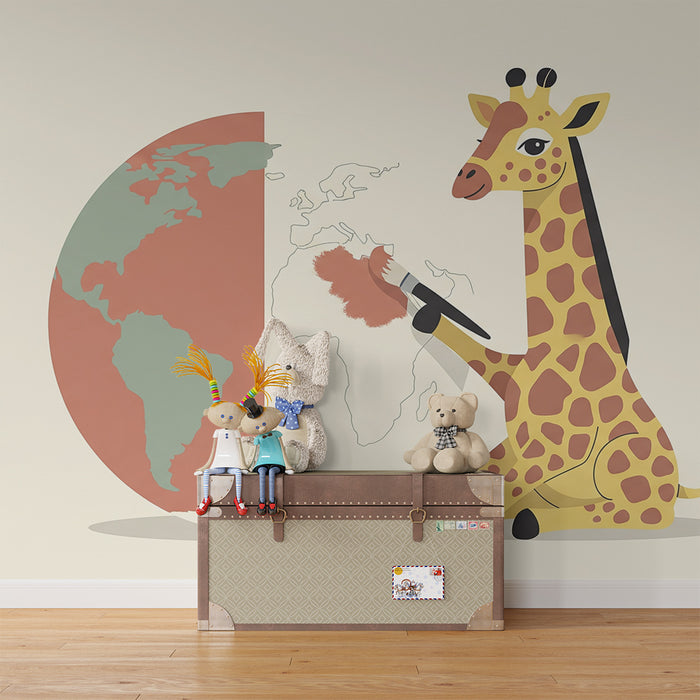 Tapet barnerom | Utforskende giraff og fargerik jordklode